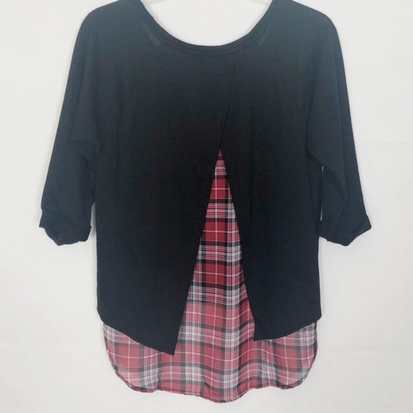 NWT Bongo Plus black knit sweater with tulip back and peekaboo plaid, sz 2X - Picture 3 of 11